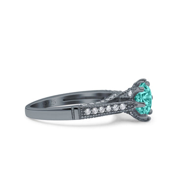Art Deco Wedding Engagement Bridal Ring Black Tone, Simulated Paraiba Tourmaline Cubic Zirconia 925 Sterling Silver